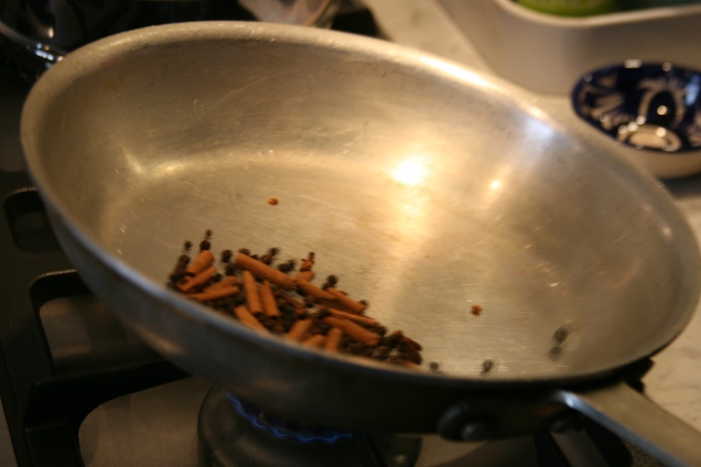 Peppercorn, clove, and cinnamon stick also get dry toasted.