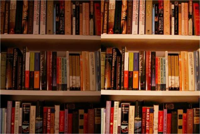 The left side is the dark, poorly focused photo I posted in June 2006. The right side has been brightened up a bit so you can get a better sense of what was on my shelf back then.